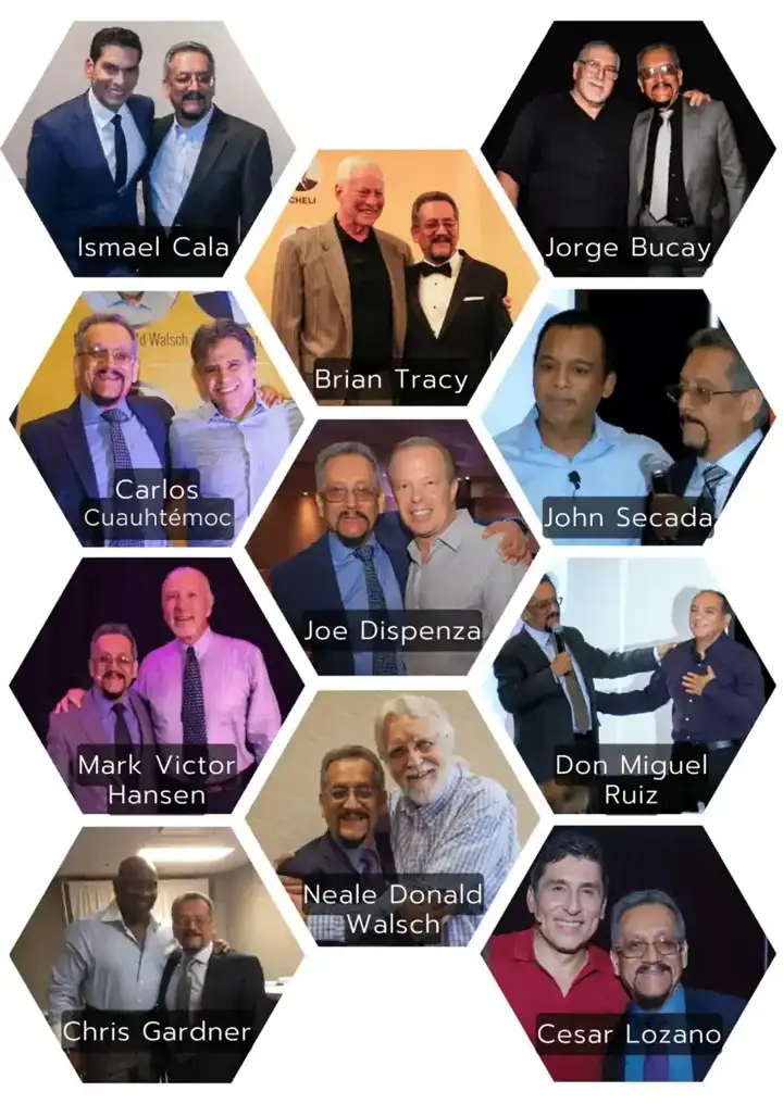 Collage de Edmundo Velasco junto a Joe Dispenza, Neale Donald Walsch, Brian Tracy, Jorge Bucay, Chris Gardner, Ismael Cala, Mark Victor Hansen, Don Miguel Ruíz y Carlos Cuauhtémoc Sánchez